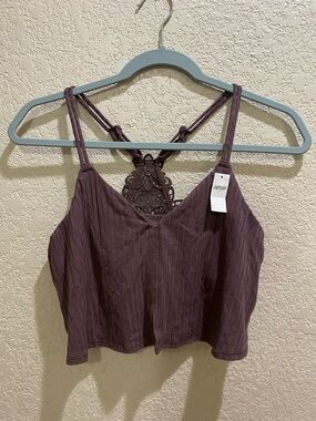 aerie Brown Ribbed Cropped Tank with Lace Detail